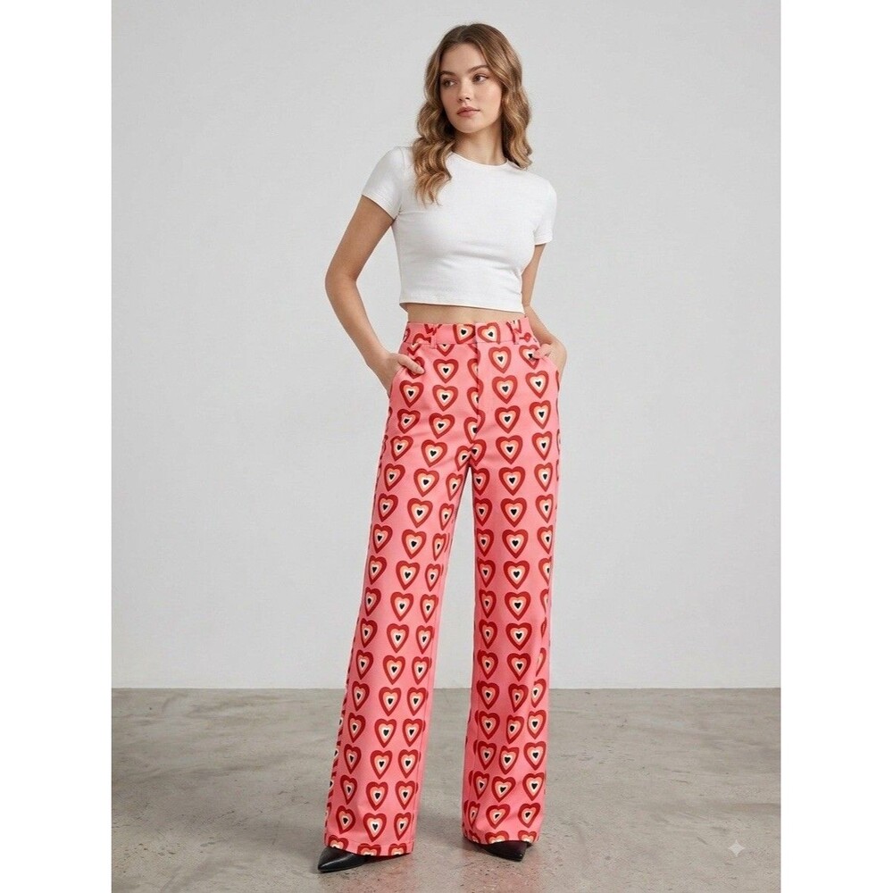 NWT Cider Pants Pink Heart Print Wide Leg Pants Large Retro 70S Groovy Trourser